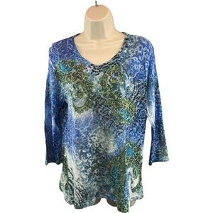 Kaktus Women's Top Size Large Studded Blue 3/4 Sleeve Shirt V-Neck Lightweight